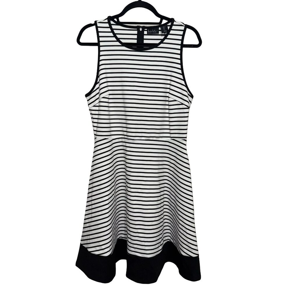 Nicole Miller Women's A Line White/Black Stripe Sleeveless Summer Dress Sz L NWT